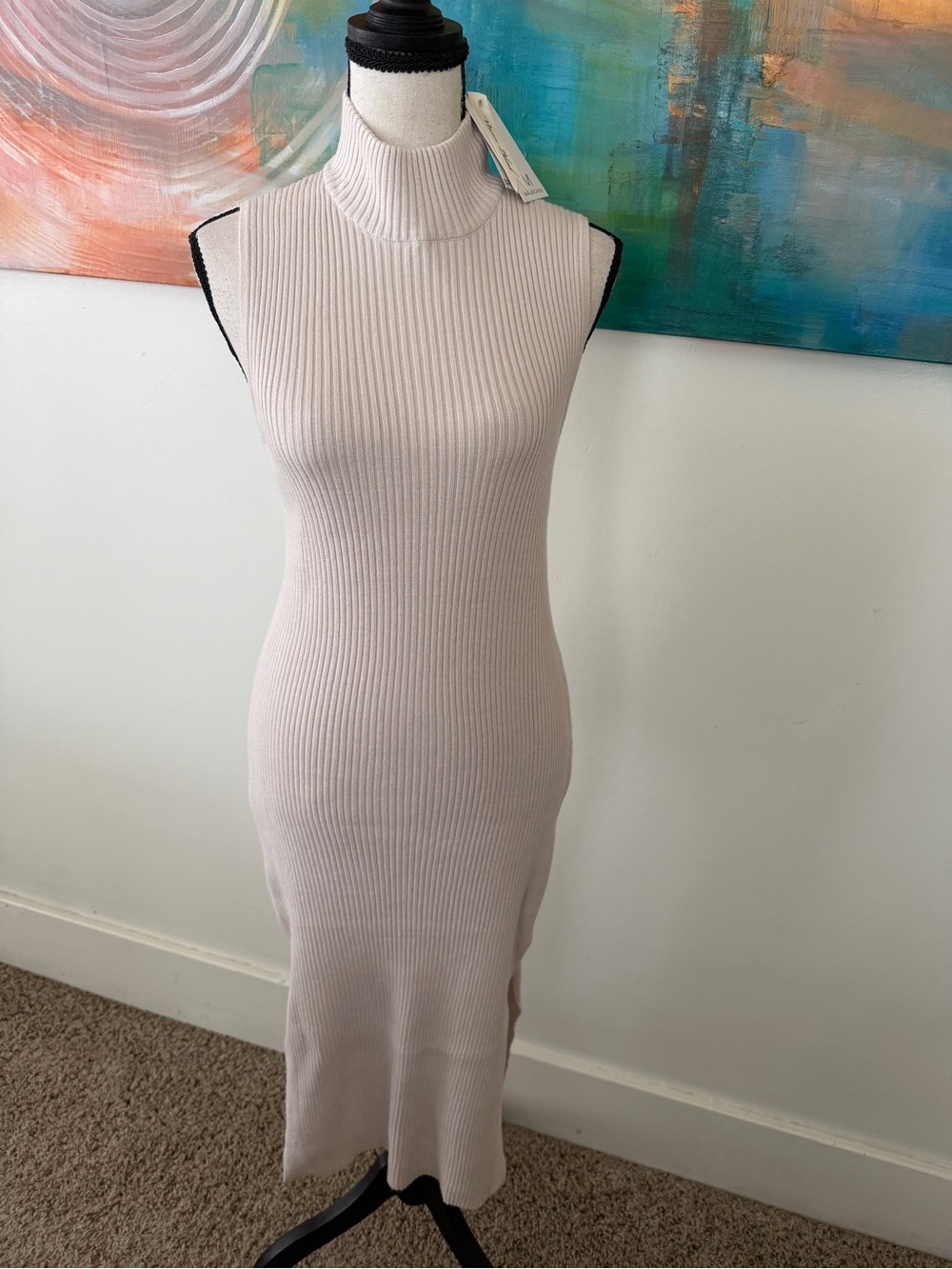 Magaschoni NWT Cream Rib Knit Sleeveless Mock Neck Midi Dress M